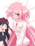  2girls akemi_homura akuma_homura black_hair blood blush bow cleavage_cutout dress feathered_wings goddess_madoka hair_bow hair_ribbon hairband hayashiya_zankurou kaname_madoka long_hair looking_at_viewer mahou_shoujo_madoka_magica mahou_shoujo_madoka_magica_movie monochrome multiple_girls nosebleed one_eye_closed open-chest_sweater pink_hair ribbed_sweater ribbon smile spoilers sweater thigh-highs turtleneck twintails two_side_up very_long_hair wings yellow_eyes 