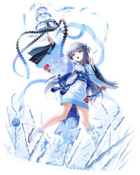  1girl absurdres bell blue_eyes blue_kimono cryokinesis floral_print flower full_body fur_trim grey_hair hands_up hibiscus hibiscus_print highres ice japanese_clothes jingle_bell kagura_suzu kimono long_hair manda_(luts7602) miko nontraditional_miko original shide shikigami short_kimono solo tabi tassel thighs wide_sleeves 