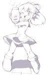 1girl ;d arm_cannon buttons dress frills hair_ribbon long_hair looking_at_viewer monochrome one_eye_closed open_mouth payot ponytail ribbon rockman rockman_(classic) roll smile solo toufu_yarou weapon 