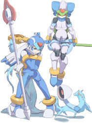  2girls absurdres armor blue_armor blue_eyes blue_helmet commentary_request crotch_plate fairy_leviathan_(mega_man) full_body green_hair helmet highres holding holding_polearm holding_staff holding_weapon in-franchise_crossover long_hair mega_man_(series) mega_man_zero_(series) mega_man_zx model_w_(mega_man) multiple_girls omochi_(mochi_skymega) pandora_(mega_man) polearm red_eyes simple_background sitting spear staff staff_riding weapon white_armor white_background white_helmet 