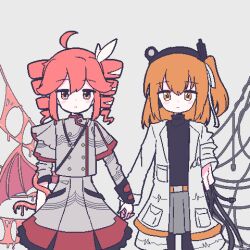  2girls a.i._voice adachi_rei ahoge android cable chibikki closed_mouth commentary cowboy_shot english_commentary expressionless grey_jacket grey_skirt heart heart_ahoge highres holding_hands jacket kasane_teto kasane_teto_(sv) long_sleeves looking_at_viewer medium_hair multiple_girls open_clothes open_jacket orange_eyes orange_hair red_eyes red_hair single_wing skirt standing straight-on synthesizer_v tentacles utau white_jacket wings 