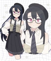 1girl absurdres bare_shoulders black-framed_eyewear black_hair black_hat black_necktie black_skirt blush closed_mouth collared_shirt commentary_request commission cropped_legs double-parted_bangs double_horizontal_stripe drop_shadow glasses grid_background hair_between_eyes hand_on_own_hip hat highres long_hair long_sleeves looking_at_viewer multiple_views necktie original pink_eyes pleated_skirt pnt_0202 semi-rimless_eyewear shirt skeb_commission skirt striped_clothes striped_necktie striped_skirt under-rim_eyewear white_background white_shirt 