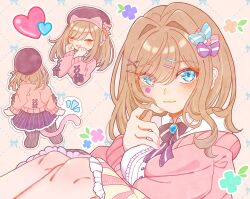  1girl absurdres alternate_eye_color animal_ears beret black_bow black_bowtie blue_bow blue_eyes blue_gem blush bow bowtie breasts brown_hair cardigan cat_ears cat_tail center_frills closed_eyes closed_mouth collared_shirt commentary cropped_legs facial_mark fingernails flower_facial_mark flower_symbol frilled_shirt frills from_behind gem hair_intakes hair_ornament hairband hairclip happy hat heart highres knees large_breasts long_sleeves looking_at_viewer medium_hair nail_polish nijisanji pantyhose pink_background pink_bow pink_bowtie pink_cardigan pink_hairband pink_lips pink_nails pink_skirt pink_tail purple_bow purple_hat purple_skirt shia_2j3j shirt skirt smile solo_focus striped_bow striped_bowtie striped_clothes striped_pantyhose striped_skirt suzuhara_lulu suzuhara_lulu_(1st_costume) tail two-tone_bow vertical-striped_clothes vertical-striped_pantyhose vertical-striped_skirt virtual_youtuber white_shirt 