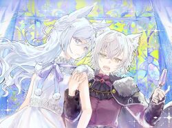  2girls animal_ear_fluff animal_ears ascot black_ascot bloom_festival_(project_sekai) blue_eyes blue_hair breasts brooch cape cape_clasp champagne_flute commentary crossed_bangs cup curtains dress drinking_glass fangs fox_ears fox_girl fur-trimmed_cape fur_trim gem green_eyes grey_hair hair_between_eyes hair_ornament half_updo highres hinomori_shiho hinomori_shizuku holding jewelry kemonomimi_mode koppan locked_arms long_hair long_sleeves looking_at_viewer mole mole_under_mouth multiple_girls official_alternate_costume official_alternate_hairstyle open_mouth parted_lips project_sekai purple_shirt red_gem shirt short_hair siblings sidelocks sideways_glance sisters sleeveless sleeveless_dress small_breasts snowflake_hair_ornament snowflake_print turning_head upper_body window wolf_ears wolf_girl zekkyou!?_ookami_no_mori_e_youkoso!_(project_sekai) 