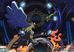  absurdres claws commentary dragonite english_commentary falling highres imminent_attack mega_dragonite muscular mystic_water parody pokemon pokemon_champions politoed primus_arts rain scene_reference sharp_teeth teeth water_drop wings 