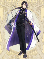  1boy aura belt black_belt black_hair black_jacket black_pants black_shoes black_suit chain closed_mouth coat coat_on_shoulders collared_shirt commentary_request contrast_lapels dairoku_ryouhei dark_aura dress_shoes ear_piercing earrings expressionless full_body furrowed_brow grey_necktie haori holding holding_sword holding_weapon jacket japanese_clothes jewelry katana lapels long_hair long_sleeves looking_at_viewer low_ponytail male_focus morino_bambi neck_tattoo necktie pants patterned_clothing piercing ponytail sheath sheathed shirt shoes sideways_glance solo standing stud_earrings suit suit_jacket suit_pants sweater_guard swept_bangs sword tattoo turning_head weapon white_coat white_haori yellow_background 