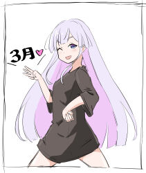  1girl black_shirt cho_kaguya-hime! commentary_request highres inset_border long_hair nail_polish nanasino49 one_eye_closed open_mouth pink_hair runami_yachiyo shirt solo w white_background white_hair 