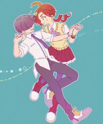  1boy 1girl 4lily absurdres ahoge andou_ringo ascot black_pants blue_background brown_hair character_hair_ornament closed_mouth collared_shirt dancing drill_hair full_body hair_ornament hair_over_eyes hairclip highres holding_hands interlocked_fingers jewelry long_hair looking_at_another necktie pants pleated_skirt polka_dot polka_dot_background purple_ascot purple_hair purple_necktie puyopuyo red_eyes red_hair red_skirt sasaki_maguro school_uniform sharp_teeth shirt shoes short_hair short_sleeves skirt smile sweater_vest teeth thigh-highs twin_drills vest white_shirt yellow_sweater_vest yellow_vest 