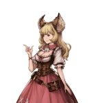  1girl animal_ears belt belt_pouch blonde_hair bow bowtie breasts brown_eyes cleavage detached_sleeves dress granblue_fantasy long_hair looking_away minaba_hideo short_sleeves smile solo transparent_background 