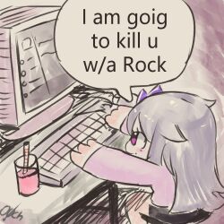  1girl absurdres black_hair commentary computer_keyboard cup desk drink drinking_glass drinking_straw english_commentary english_text highres hololive hololive_english jewel_under_eye koseki_bijou long_hair monitor ouchihitme purple_shirt shirt sitting solo speech_bubble violet_eyes virtual_youtuber 