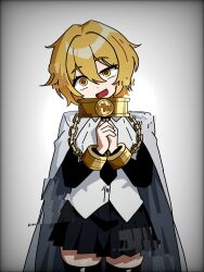  1girl black_necktie black_skirt blonde_hair bound bound_wrists cape chain commentary don_quixote_(project_moon) fang glitch half-closed_eye head_tilt highres index_(identity)_(project_moon) limbus_company necktie open_mouth own_hands_together project_moon saewoocho_bab shirt short_hair skirt solo standing white_background white_cape white_shirt yellow_eyes 