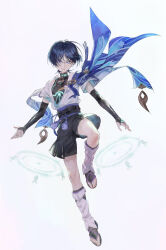  1boy absurdres animal_print armor arms_at_sides belt bird_print black_belt black_bodysuit black_bow black_bridal_gauntlets black_hair black_rope black_sandals black_shorts blue_cape blue_gem blue_kimono blue_sleeves blunt_ends body_markings bodysuit bow bridal_gauntlets bright_pupils cape covered_collarbone curled_fingers eyeliner feathers fingernails full_body furisode gem genshin_impact glowing_markings gold hag_(hag_015) hair_intakes hakama hakama_shorts highres japanese_armor japanese_clothes juban kimono kote kurokote layered_sleeves leg_warmers looking_at_viewer makeup male_focus mandarin_collar open_clothes open_hand open_kimono parted_lips pleated_shorts pom_pom_(clothes) red_eyeliner rope sandals scaramouche_(genshin_impact) short_sleeves shorts shoulder_peek side_cape smirk solo tassel toeless_legwear toenails toes tsurime violet_eyes vision_(genshin_impact) wanderer_(genshin_impact) watermark watermark_grid white_background white_kimono white_leg_warmers white_pupils white_sleeves white_trim yellow_feathers zouri 