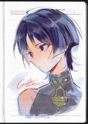  1boy absurdres black_bodysuit black_hair blunt_ends bodysuit bright_pupils choppy_bangs closed_mouth commentary covered_collarbone cropped_torso dated eromkk eyelashes eyeliner genshin_impact highres hogwarts_school_uniform looking_to_the_side makeup male_focus mandarin_collar notebook portrait red_eyeliner scaramouche_(genshin_impact) school_uniform sideways_mouth single_off_shoulder solo tsurime twitter_username violet_eyes wanderer_(genshin_impact) white_pupils 
