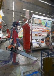  1girl absurdres blue_eyes blue_hair blue_skirt commentary highres koukouya looking_at_another looking_at_viewer miside mita_(miside) red_eyes robot saw shoes skirt supermarket 
