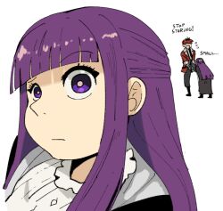  1boy 1girl apron black_coat black_hair coat commentary english_commentary english_text fern_(sousou_no_frieren) flying_sweatdrops jacket looking_at_crotch multicolored_hair purple_hair raised_eyebrow red_hair red_jacket roots_(hair) sousou_no_frieren stark_(sousou_no_frieren) two-tone_hair violet_eyes waist_apron wanderjegson 