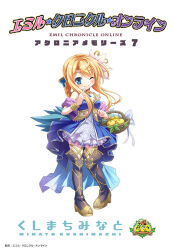  1girl apple artist_request basket black_boots blonde_hair blue_bow blue_dress blue_eyes boots bow braid copyright_logo copyright_name dress emil_chronicle_online finger_to_mouth flower food fruit golden_apple hair_bow hair_flower hair_ornament holding holding_basket le_fay_lore logo long_sidelocks multicolored_boots official_art one_eye_closed sidelocks sleeveless sleeveless_dress smile solo thigh_boots two-tone_boots white_background yellow_boots 