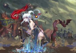  1girl absurdres ahoge back banner battle_standard black_gauntlets blue_dress blue_eyes blue_fire boots breasts clawed_gauntlets dress fire floating_skull gauntlets general_geega grey_hair heterochromia highres leotard mace one-eyed open_mouth pointy_ears ponytail red_eyes see-through_cleavage see-through_clothes see-through_leotard single_gauntlet sword thigh_boots thighs virtual_youtuber vshojo war_banner weapon wings 