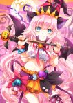  1girl animal_ears bat_wings blue_eyes cat_ears frilled_skirt frills holding looking_at_viewer momoiro_taisen_pairon navel official_art original pink_hair skirt solo wand wings yamadori_ofuu 