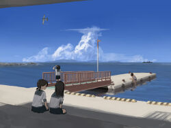  4girls 4me_4ma a5m aircraft airplane black_hair blue_one-piece_swimsuit blue_sailor_collar blue_skirt blue_sky brown_hair clouds commentary_request cumulonimbus_cloud day destroyer dock dress hatsuyuki_(kancolle) highres horizon i-401_(kancolle) kantai_collection kneehighs long_hair low_twintails medium_hair military_vehicle miyuki_(kancolle) multiple_girls ocean one-piece_swimsuit orange_sailor_collar outdoors painterly pleated_skirt ponytail sailor_collar scenery school_swimsuit school_uniform serafuku ship shirayuki_(kancolle) shirt short_hair short_sleeves short_twintails side-tie_shirt sitting skirt sky sleeveless sleeveless_dress socks swimsuit tan textless_version twintails warship water watercraft white_shirt 