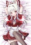  1girl alternate_costume arms_behind_head bed_sheet black_legwear bow breasts cleavage fujiwara_no_mokou garter_straps givuchoko hair_bow hair_ribbon highres long_hair looking_at_viewer lying red_eyes ribbon solo touhou white_hair 