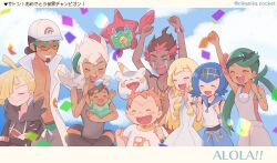  4girls 5boys absurdres arm_up arms_up baby baseball_cap blonde_hair blue_eyes blue_hair blush blush_stickers bracelet brown_hair carrying carrying_baby carrying_person character_print clenched_hand clenched_hands closed_eyes closed_mouth commentary_request confetti crossed_arm crying dark-skinned_male dark_skin drawstring dress ear_piercing eyelashes facial_hair father_and_child father_and_son flower gladion_(pokemon) goatee green-framed_eyewear green_hair green_headband grey_hoodie grey_overalls grey_shirt grin hair_bun hair_flower hair_ornament hair_over_one_eye hairband happy_tears hat headband highres hood hood_down hoodie husband_and_wife ichi_(pikapikapocket) jacket jewelry kiawe_(pokemon) lab_coat lana_(pokemon) lei_(pokemon) lillie_(pokemon) long_hair long_sleeves mallow_(pokemon) medium_hair mismatched_eyebrows mother_and_child mother_and_son multicolored_hair multiple_boys multiple_girls necklace no_shirt on_head open_clothes open_jacket open_mouth orange_hair overalls parent_and_child piercing pikachu pink_flower pokedex_number pokemon pokemon_(anime) pokemon_(creature) pokemon_journeys pokemon_on_head pokemon_the_series:_sun_&amp;_moon professor_burnet professor_kukui red_hair rotom rotom_dex shirt short_hair short_sleeves sidelocks single_hair_bun sleeveless sleeveless_shirt smile smiley_face sophocles_(pokemon) streaming_tears sunglasses tears teeth togedemaru topless_male translation_request twintails two-tone_eyebrows two-tone_hair undercut white_dress white_hair white_hat white_jacket white_shirt yellow_hairband z-crystal z-ring 