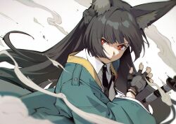  1girl animal_ear_fluff animal_ears black_gloves black_hair black_necktie blunt_bangs commentary_request fingerless_gloves fox_ears fox_girl gloves green_jacket hoshimi_miyabi jacket long_hair looking_at_viewer natsume_yochiki necktie red_eyes shirt single_fingerless_glove solo sword weapon white_shirt zenless_zone_zero 