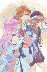  3girls bare_shoulders black_dress black_hat black_shorts body_markings book braid braided_bangs breasts bridal_gauntlets brown_hair chinese_commentary cicimilu coat commentary_request denia_(wuthering_waves) dress from_side gloves green_eyes hand_up hat highres holding holding_book jacket long_hair looking_at_another looking_at_viewer looking_to_the_side multiple_girls nivora_(wuthering_waves) orange_hair parted_lips pink_hair pointy_ears red_gloves shorts signature sigrika_(wuthering_waves) small_breasts smile turning_head veil white_bridal_gauntlets white_coat white_dress white_jacket white_veil wuthering_waves 