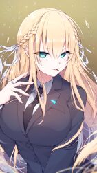  1girl absurdres azamiko black_jacket black_necktie black_suit blazer blonde_hair blue_eyes braid breasts broken_glass buttons chocolate_cigarette collared_shirt commentary_request eyelashes eyes_visible_through_hair floating_hair glass hair_between_eyes hair_ribbon half_up_braid hand_up heaven_burns_red highres huge_breasts jacket large_breasts long_hair long_sleeves looking_at_viewer necktie official_alternate_costume parted_lips ribbon shirt sidelocks simple_background smile smug solo suit suit_jacket tongue tongue_out toujou_tsukasa toujou_tsukasa_(secret_service's_silencer) twitter_username upper_body very_long_hair white_ribbon white_shirt yellow_background 