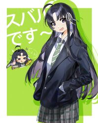  1girl absurdres ahoge awa_subaru black_hair black_jacket collared_shirt commentary diagonal-striped_clothes diagonal-striped_necktie girls_band_cry green_necktie grey_skirt hair_intakes hair_ribbon highres instrument jacket long_hair music necktie parted_bangs plaid_clothes plaid_skirt playing_instrument ribbon school_uniform shirt sidelocks skirt striped_clothes untranslatable_commentary violet_eyes white_ribbon white_shirt yoru_(yqoayqoa10) 