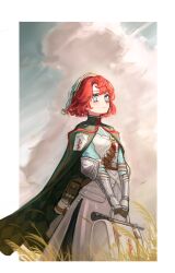  1girl absurdres blue_eyes blue_shirt blue_sky border cape clouds club_(weapon) commentary day gauntlets grass green_cape hat highres holding_first_aid_kit looking_up marsha_(reverse:1999) outside_border red_hair reverse:1999 shirt short_hair skirt sky smile solo upper_body weapon white_border white_hat white_skirt yaminava 