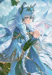  1girl animal_ear_fluff animal_ears arknights bell black_hair braid chromatic_aberration commentary crossed_bangs day fingernails gold hamong04 highres light_blush light_smile long_hair long_sleeves medallion multicolored_hair outdoors own_hands_clasped own_hands_together parted_lips pramanix_(arknights) pramanix_the_prerita_(arknights) snowing solo streaked_hair tassel white_hair wind 