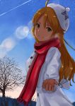  1girl ahoge aqua_eyes blonde_hair breath bust coat condensation_trail hangaku_(araara0616) hat hoshii_miki idolmaster lens_flare looking_at_viewer outstretched_hand scarf sky smile solo tree winter winter_clothes winter_coat 