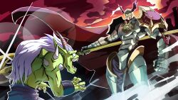  absurdres armor bardiche_(weapon) cape colored_skin digimon digimon_(creature) green_helmet green_skin helmet highres holding holding_polearm holding_weapon horns knight mauro_unit_1 medievaldukemon multiple_boys ogre orgemon polearm red_cape sharp_teeth shoulder_plates teeth weapon white_armor 