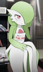  1girl absurdres bob_cut colored_skin commentary_request ddingyong dress gardevoir green_hair green_skin highres korean_commentary life-size_gardevoir_plush multicolored_skin pink_eyes pokemon pokemon_(creature) price_tag screenshot_background sitting translation_request two-tone_skin white_dress white_skin 