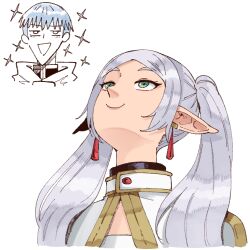  1boy 1girl blue_hair capelet earrings elf frieren gold_trim green_eyes grey_hair hair_over_shoulder head_tilt himmel_(sousou_no_frieren) jewelry long_pointy_ears looking_up meme parted_bangs pointy_chin pointy_ears simple_background smile solo_focus sousou_no_frieren sparkle teardrop_earrings twintails upper_body upward_angle_frieren_drawing_(meme) wanderjegson white_background white_capelet 