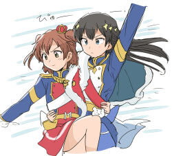  2girls aiguillette aijo_karen black_hair blue_eyes blue_jacket brown_eyes brown_hair closed_mouth commentary_request crown floating_hair hand_on_another's_waist jacket kagura_hikari long_hair long_sleeves looking_ahead mini_crown multiple_girls red_sash sash serious shoujo_kageki_revue_starlight shoulder_sash sparkle_hair_ornament tsubobot two_side_up v-shaped_eyebrows white_sash 