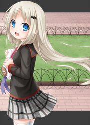  1girl ayami_(ayanoayanosuke) blonde_hair blue_eyes fang hat hat_removed headwear_removed little_busters!! long_hair noumi_kudryavka school_uniform silver_hair thigh-highs 