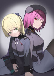  2girls absurdres back-to-back blonde_hair bow bowtie green_eyes hat heaven_burns_red highres looking_at_viewer military_hat military_rank_insignia military_uniform multiple_girls nanase_nanami_(heaven_burns_red) niwanwagon on_ground purple_hair red_eyes short_hair tezuka_saki white_bow white_bowtie 