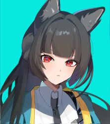  1girl :< animal_ear_fluff animal_ears aqua_background belt black_belt black_hair black_necktie blue_jacket blunt_bangs closed_mouth collared_shirt commentary_request cropped_torso empty_eyes eyelashes eyeliner fox_ears fox_girl highres hoshimi_miyabi jacket long_hair looking_at_viewer makeup necktie open_clothes open_jacket purple_pupils red_eyeliner red_eyes shirt simple_background single_sidelock solo tomura_daze two-sided_fabric two-sided_jacket upper_body white_shirt yellow_jacket zenless_zone_zero 