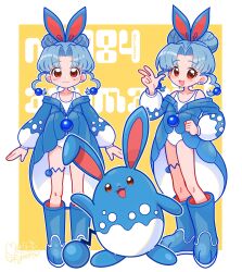 1girl :3 :d absurdres animal_ears azumarill blue_hair blush border double_bun earrings hair_bun hand_on_own_hip highres jewelry looking_at_viewer marikyuunn oversized_jacket personification pokedex_number pokemon pokemon_(creature) rabbit_ears red_eyes smile stud_earrings v white_border yellow_background 