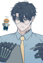  1boy barcode barcode_tattoo black_hair blue_shirt dress_shirt earrings glasses green_eyes hair_ornament hairclip highres holding holding_notepad holding_pen jewelry male_focus mechanical_hands neck_tattoo necktie notepad pearl_hair_ornament pen reference_inset robjorim robo_frostor robot round_eyewear serious shirt simple_background skoshism stud_earrings stuffed_toy tattoo upper_body virtual_youtuber white_background yellow_necktie 
