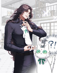  !? :< adam's_apple animalization artist_name belt bindi black_belt black_pants black_shirt brown_hair cat collared_shirt confused contemporary covered_pectorals curtained_hair emphasis_lines green_eyes green_ribbon head_tilt highres indoors korean_commentary long_hair looking_at_viewer luo_binghe male_focus melan_melan meme necktie nervous_sweating outline pants parted_bangs parted_lips pectorals red_eyes renzha_fanpai_zijiu_xitong ribbon shen_qingqiu shirt sparkle surprised sweat thick_eyebrows toned toned_male tying_necktie very_long_hair wavy_hair white_cat white_outline wolf_cut xiao_guan_(headdress) zuiyin 