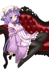  1girl bare_shoulders black_pantyhose blunt_bangs blush cosgaso couch crescent crescent_hat_ornament double_bun dress frilled_dress frilled_hat frills glasses hair_bun hair_ribbon hat hat_ornament hat_ribbon highres long_hair long_sleeves looking_at_viewer mob_cap multiple_hair_ribbons no_shoes on_couch pantyhose patchouli_knowledge purple_hair purple_robe ribbon robe sitting solo striped_clothes striped_dress touhou vertical-striped_clothes vertical-striped_dress violet_eyes white_background 