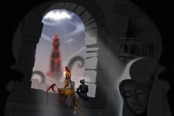  1boy 1girl absurdres arch arm_guards armor black_robe black_tunic corinthian_helmet dress effie_(shadow_slave) highres light_rays miles120 polearm robe scenery shadow_slave shield sitting spear spire statue sunny_(shadow_slave) tower tunic weapon white_dress white_hair wide_shot 