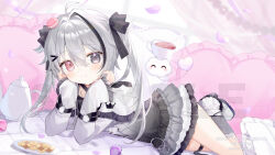  1girl ahoge blush checkerboard_cookie closed_mouth commentary_request commission cookie dress food frilled_pillow frills gradient_clothes gradient_dress grey_dress grey_eyes grey_hair hair_between_eyes hair_intakes heart heart-shaped_pillow heterochromia long_hair long_sleeves looking_at_viewer lying on_stomach original petals pillow plate red_eyes sample_watermark shoes skeb_commission sleeves_past_wrists smile socks solo teapot toufu_mentaru_zabuton twintails watermark white_shoes white_socks 