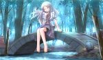  1girl barefoot closed_eyes forest highres long_hair looking_at_viewer nature original risutaru river silver_hair sitting smile solo wind 