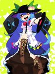  1girl :d blue_hair hat hinanawi_tenshi holding long_hair looking_at_viewer mzh open_mouth red_eyes sitting smile solo touhou 