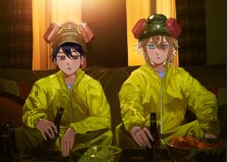  2boys basil_(faraway)_(omori) basil_(omori) beer_bottle black_eyes black_hair blonde_hair blue_eyes bottle bowl breaking_bad bright_pupils closed_mouth commentary dano_(singularaanon) double-parted_bangs english_commentary hair_between_eyes holding holding_bottle long_sleeves looking_at_viewer male_focus multiple_boys omori parted_lips short_hair sidelocks sitting sunny_(omori) white_pupils 