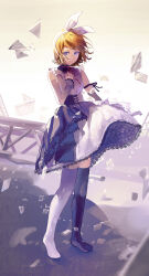  1girl 25-ji_rin absurdres arm_ribbon asymmetrical_legwear black_ribbon black_thighhighs blonde_hair blue_eyes bow choker closed_mouth commentary cross-laced_clothes detached_sleeves dot_nose dress flat_chest frilled_choker frilled_dress frills full_body grey_dress grey_sleeves grey_thighhighs hair_bow hair_ornament hairband hairclip hand_on_own_chest highres kagamine_rin lace-trimmed_dress lace_trim long_sleeves main_chocolate mismatched_legwear neck_ribbon no_shoes petticoat project_sekai red_ribbon ribbon sad short_hair sidelocks sleeveless sleeveless_dress solo standing thigh-highs truss vocaloid white_bow 