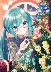  1girl absurdres aqua_eyes aqua_hair bespectacled blush christmas christmas_ornaments christmas_tree collared_shirt commentary_request double-parted_bangs glasses grey_shirt hair_between_eyes hatsune_miku highres indoors kagamine_len kagamine_rin kaito_(vocaloid) long_hair long_sleeves looking_at_viewer mani_(manidrawings) megurine_luka meiko_(vocaloid) plaid_clothes plaid_shirt shirt sidelocks smile solo twintails upper_body vocaloid 